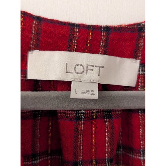 Holiday Red Tartan Button-Front Blouse By Loft Long-Sleeve - Picture 3 of 7